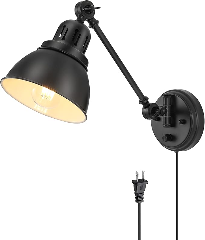 GOODATE Plug in Wall Sconces, Wall Sconce Lighting with Dimmable On Off Switch, Swing Arm Wall Lamp, Black Metal Industrial Wall Light Fixtures, Safety E26 Base, 6FT Plug in Cord
