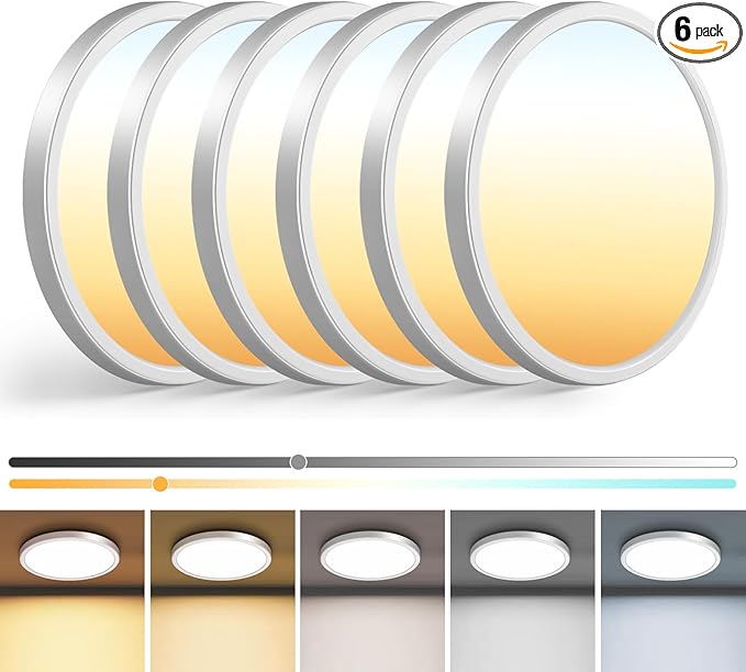 zemty 6Pack 7 inch Small White LED Flush Mount Ceiling Lights, Dimmable 5 Color Temp (3000K-6500K), 1500LM 15W Round Recessed Light Fixture for Closet Kitchen Bathroom Bedroom