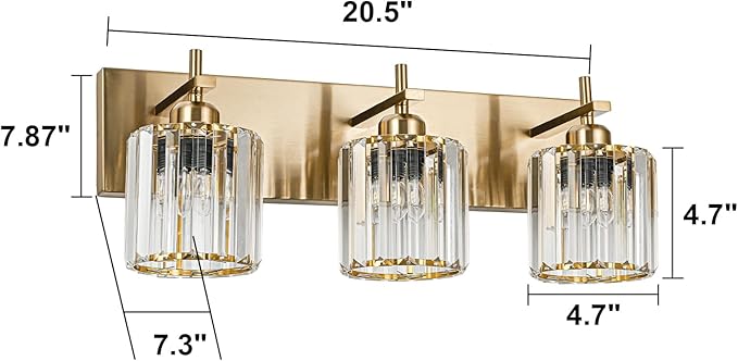 Modern Crystal Bathroom Vanity Lights, Gold 3-Lights Bathroom Light Fixtures Over Mirror, Crystal Wall Lighting with Polished Brass Finish