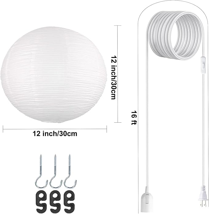 2 Pack Plug in Pendant Light,15 Ft Hanging Paper Lantern 12" White Paper Lamp Hanging Pendant Light with On/Off Switch for Birthday Wedding Living Room and Home Decor