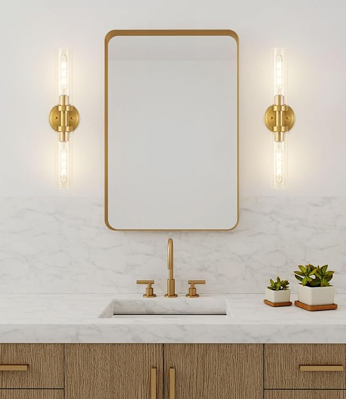 SANTOSTOCK Brushed Gold Bathroom Vanity Light Fixture, 2-Light Modern Wall Sconce Lighting W/Clear Glass, Brass Wall Mount Lamp for Mirror Hallway Kitchen Living Room, E26 T10 Bulbs(Excluded)