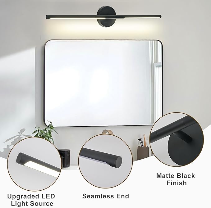 Matte Black Bathroom Light Fixtures Over Mirror 36 Inch, 26W 360° Rotatable Dimmable 4000K Led Vanity Light Bar, Modern Bathroom Vanity Lights Above Mirror
