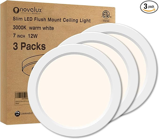 Flush Mount Ceiling Light Fixture - ETL Certified - 7 Inch Dimmable 3000K Warm White LED, 0.63'' Ultra Thin Round Design for Bedroom, Bathroom, Kitchen, Hallway, Basement, Closet (3-Pack)‌