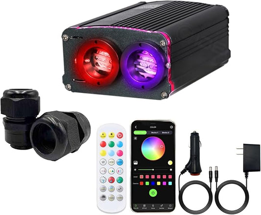 Twinkle Fiber Optic Lights Engine Dual Port Dual Color,Bluetooth APP/Music Sync/Remote Control RGBW Fiber Optic Driver for All Kinds of Fiber Optic Cable/Star Ceiling(OnlyLED Light Source)