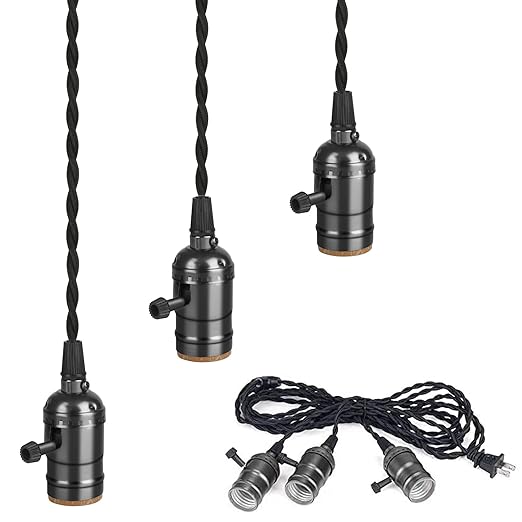 Vintage Plug-in Pendant Light Kit with 1-to-3 Hanging E26/E27 Sockets, Industrial Hanging Light with Individual Rotary Switches, Easy DIY Lighting for Living Room, Patio and Plant Corners, Black