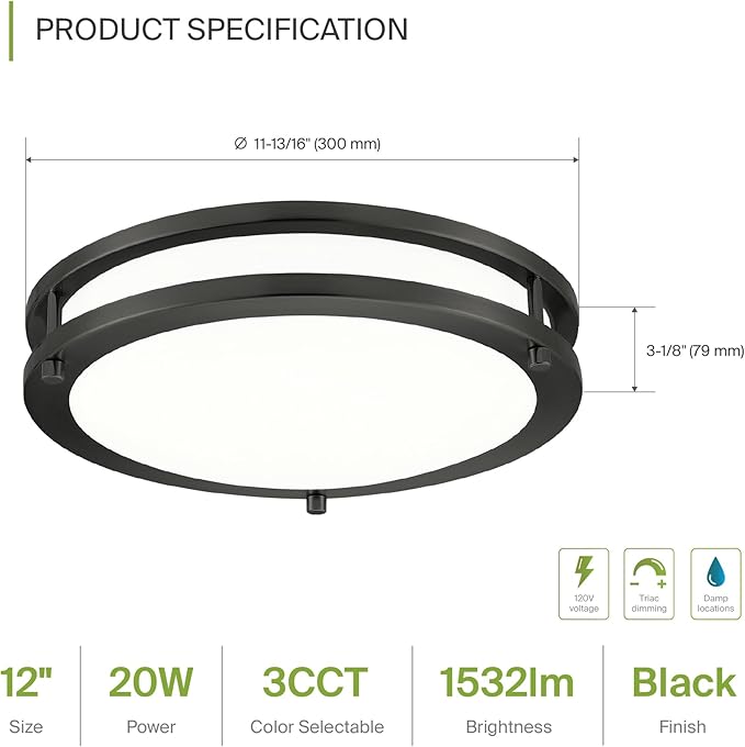 ASD LED 12" Round Flush Mount Lighting, Close to Ceiling Light Fixture | 3CCT, Dimmable, Energy Star, ETL Listed | 20W 1532LM 3000-5000K 120V | Low Profile Double Ring Lamp | Black, 4 Pack