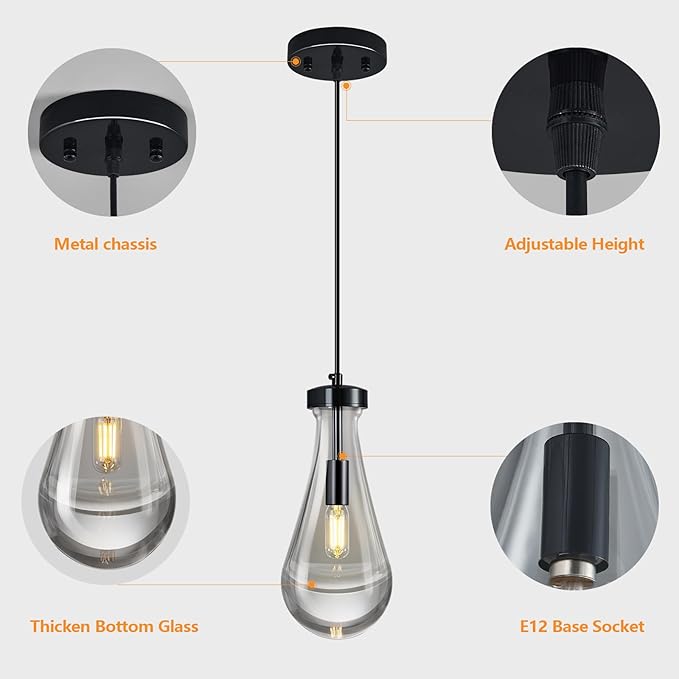 Raindrop Pendant Lights Kitchen Island Teardrop PlatingBlack Hanging Light Fixtures Clear Solid Glass Pendant Light Modern Chandeliers for Dining Room Porch Corridor Living Room(Black 3-Pack)