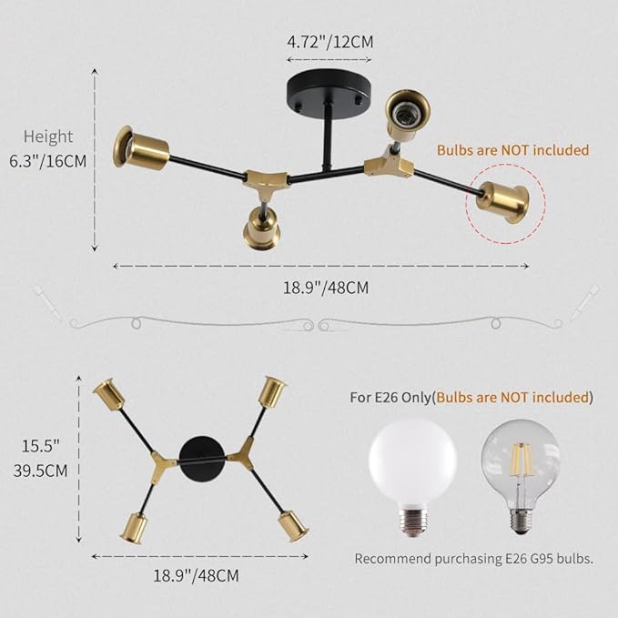 Mid Century Gold and Black Semi Flush Mount Ceiling Light,Modern 4 Light Fixture for Kitchen Dining Room Bedroom Lighting,Foyer Entryway Hallway Sputnik Chandelier