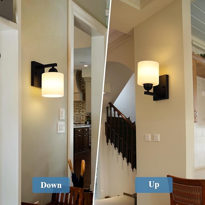 Mecgirn Matte Black Milk Glass Wall Sconces, 1 Pack Hardwired Indoor Wall Light Fixtures for Living Room, Hallway, Bedroom, Ceramic E26 Sockets (Bulbs Not Included)