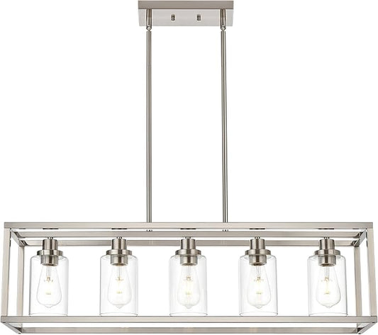 MELUCEE 5-Light Dining Room Lighting Fixture Hanging Brushed Nickel Modern Pendant Lighting Contemporary Chandeliers with Clear Glass Shade for Kitchen Island Living Room Bedroom