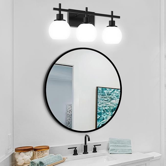 Dpyrrhic Modern Vanity Lighting Fixtures,3-Light Black Bathroom Lighting Fixtures Over Mirror，Bathroom Wall Mounted Vanity Light with Milky White Glass Lampshade for Living Room，Bedroom，Hallway
