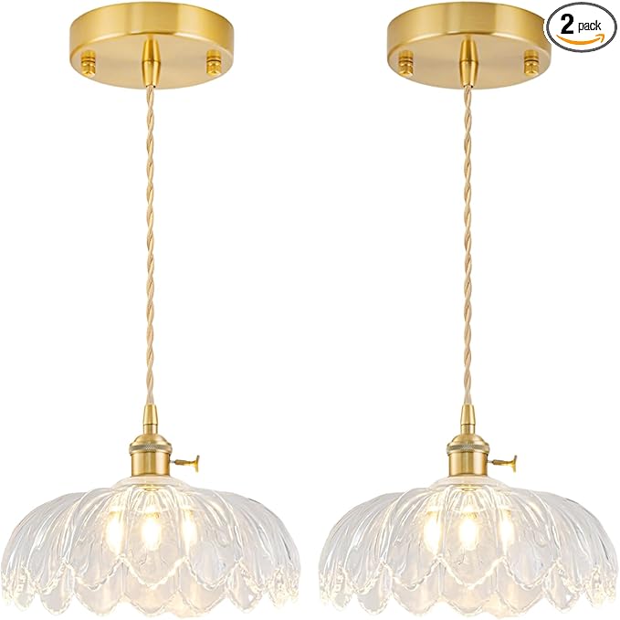 2 Pack Glass Pendant Lights Kitchen Island, Vintage Brass Pendant Light Fixtures, Adjustable Transparent Kitchen Pendant Lighting Over Island for Bedroom Living Room Hallway Dining Room