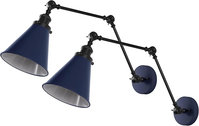 JONATHAN Y 7" Navy/Black Classic Industrial Metal Adjustable Arm LED Wall Sconce for Bedside Reading, Farmhouse Swing Arm Wall Lamp with Metal Shade, Hardwired (JYL7462G-SET2)