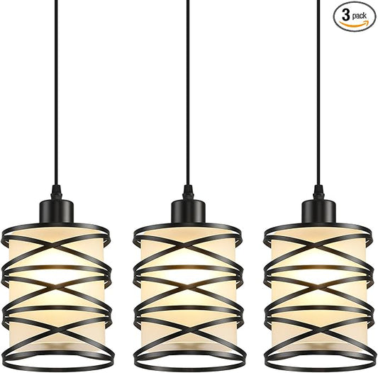 3 Pack Pendant Light Kitchen Island Pendant Lighting, Hanging Light with Spiral Cage Frosted Glass Shade, Black Modern Indoor Hanging Lamp