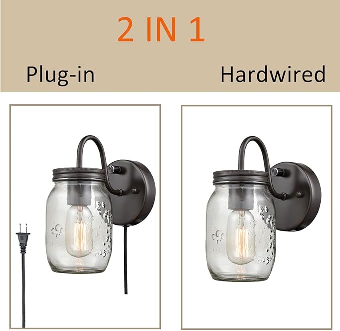 DIRYZON EUL Vintage Mason Jar Light Fixture Clear Glass 2-Pack Wall Lights Oil Rubbed Bronze