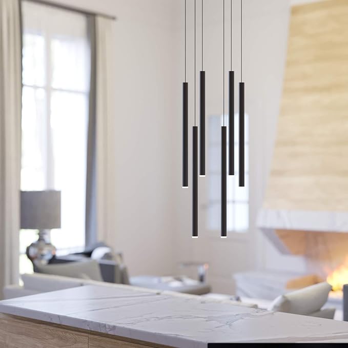 CANALIS 6 Mini Pendant Lighting Black - LED Hanging Light Fixture for Kitchen Island, Bar, Foyer - Cluster Pendants - Dimmable, Adjustable Wire, Lamp Bulb Included