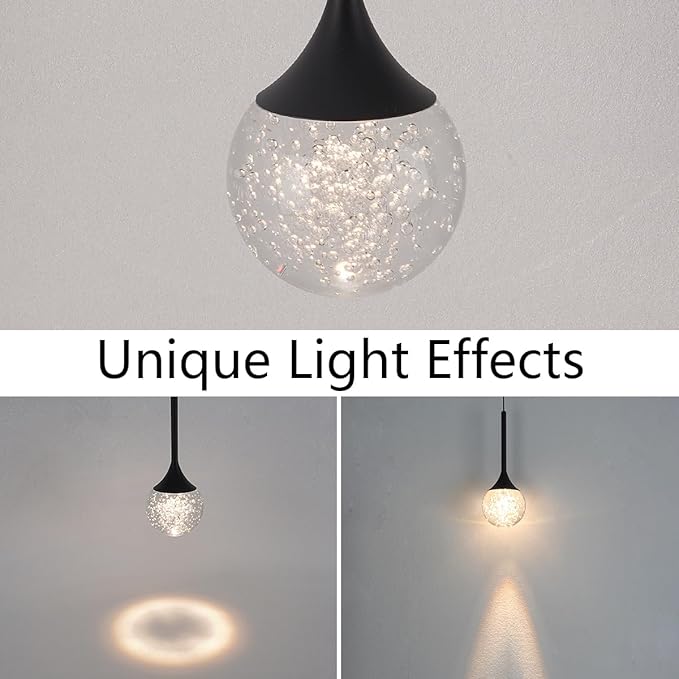 Black Pendant Lights Kitchen Island, Bubble Crystal Globe Ceiling Hanging Light Fixture, Dimmable LED Light Fixture for Kitchen Island Dining Room Bar Bedroom, 3000K