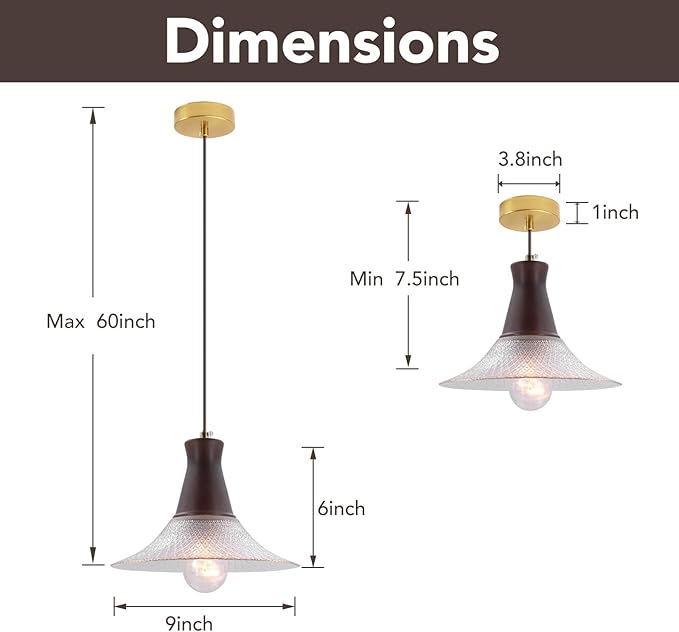 Vintage Farmhouse Glass Pendant Light Fixture 9 Inch Industrial Clear Ceiling Hanging Light with Walnut Wood lamp Holder for Kitchen Island Hallway Bar Dining Room Bedroom Foyer（1 Pack）