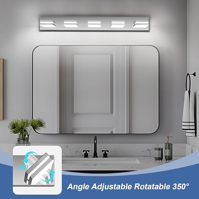 Modern LED Bathroom Lights Fixtures 5-Light,Stainless Steel Chrome Acrylic Wall Lighting,Vanity Lights for Bathroom Over Mirror 6000k 34in