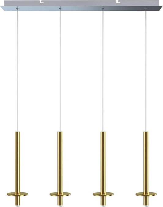 Draco 4 Pendant Lighting Brass – LED Hanging Light Fixture for Kitchen Island, Bar, Foyer – Equilateral Cluster of Mini Metal Rod Pipe Tube Cylinders – Dimmable, Adjustable Wire, Lamp Bulb Included