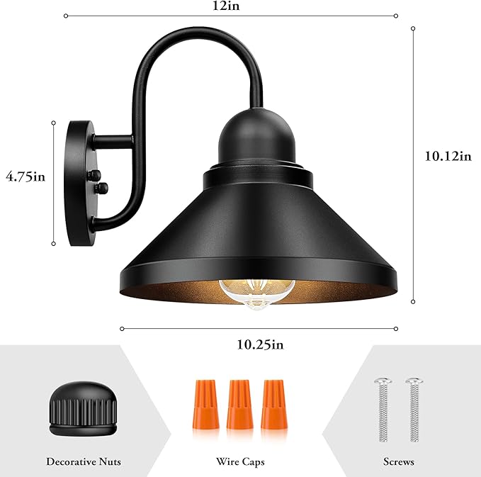 Brightever Gooseneck Outdoor Wall Sconces, 2-Pack Large 10.23IN Farmhouse Barn Lights for Porch, Industrial Black Exterior Wall Lights for Garage, Patio, E26 Base Anti-Rust, Bulb not Included
