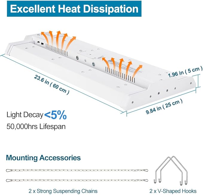High Bay LED Shop Light 2 Pack 2FT 200W 28000LM, 4000K/5000K Selectable 100-277V, Linear High Bay Lights for Warehouse Workshop Supermarket Stadium, Power Tunable 200W/150W/100W, ETL