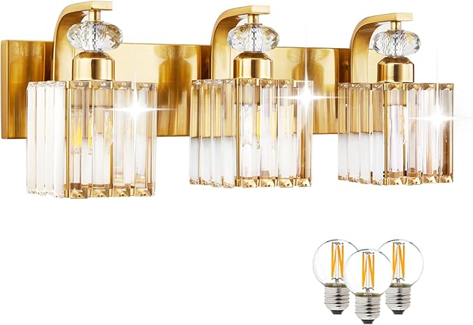 Modern Bathroom Vanity Light, 3-Light Gold Bathroom Lighting Fixtures Over Mirror, 20.5" Crystal Wall Light Sconce for Bathroom/Bedroom/Vanity, Includes LED Bulbs, Easy Installation