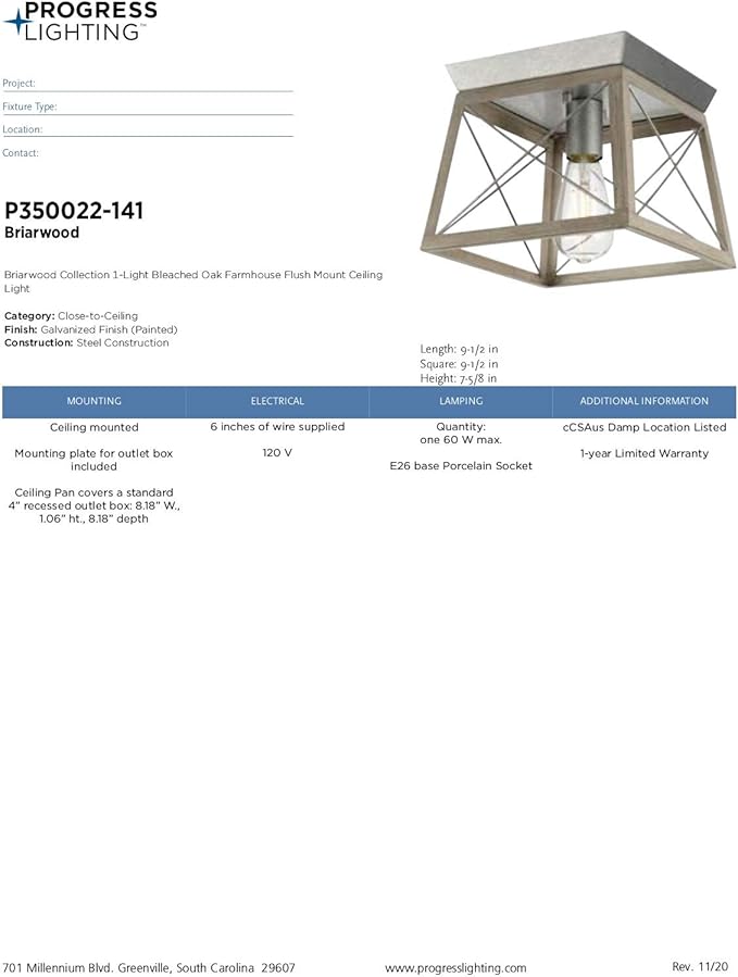 Progress Lighting Briarwood Collection 1-Light Ceiling Light, Flush Mount Ceiling Light Fixture for Interior Kitchen Lights, Hallway, Bedroom, Living Room, 9.5-Inch by 9.5-Inch, Galvanized Finish