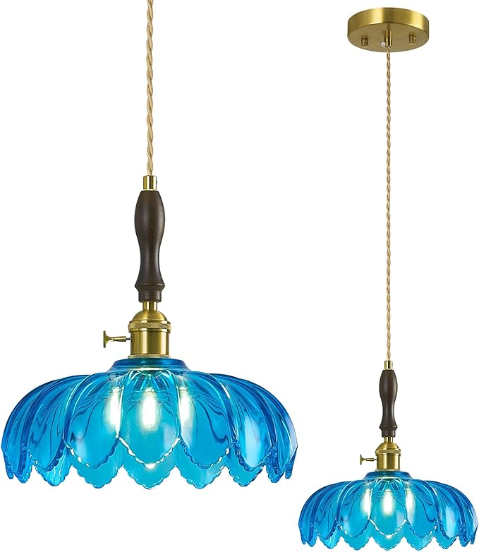 Modern Blue Glass Pendant Light Retro Flower Glass Hanging Lamp Gold Brass Decorative Adjustable Ceiling Hanging Light Suitable for Kitchen Island Bedroom Dining Room Living Room