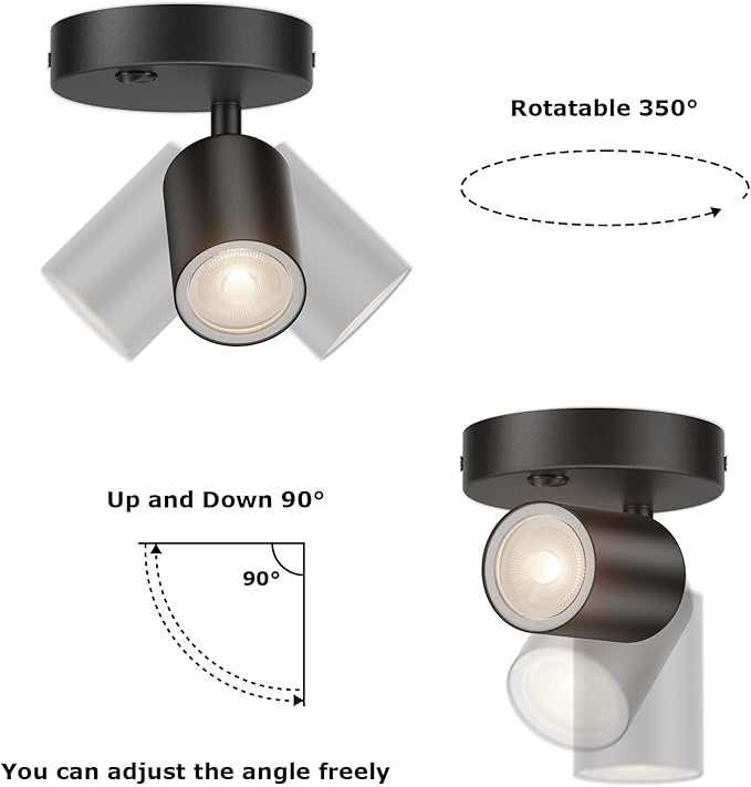 2-Pack Directional Flush Mount Spot Light Dimmable Ceiling Spotlight Indoor LED Spot Lights Adjustable Wall Spotlight Focus Light Accent Light Fixture for Living Room, Black, GU10 Bulb Not Included