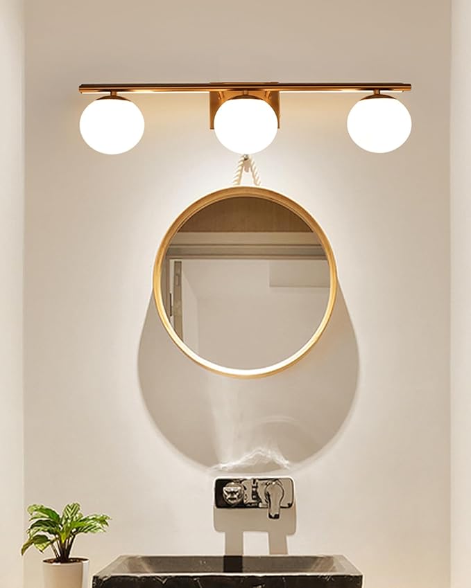 Brushed Brass Bathroom Vanity Light fixtures,24‘’ 3 Lights Modern Globe Glass Shade Wall Sconce for Over Mirror, Damp Rated