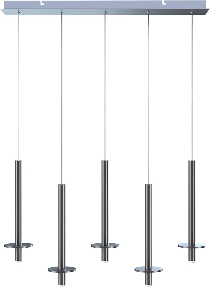 Draco 5 Pendant Lighting Nickel – LED Hanging Light Fixture for Kitchen Island, Bar, Foyer – Equilateral Cluster of Mini Metal Rod Pipe Tube Cylinders – Dimmable, Adjustable Wire, Lamp Bulb Included