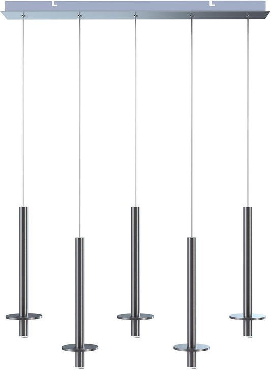 Draco 5 Pendant Lighting Nickel – LED Hanging Light Fixture for Kitchen Island, Bar, Foyer – Equilateral Cluster of Mini Metal Rod Pipe Tube Cylinders – Dimmable, Adjustable Wire, Lamp Bulb Included