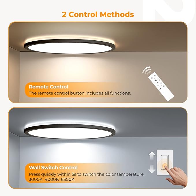 BLNAN LED Flush Mount Ceiling Light Fixture with Remote Control, 15.4 Inch 36W 3000K-6500K Dimmable Round Low Profile Ceiling Lamp for Living Room Bedroom Kitchen, Black