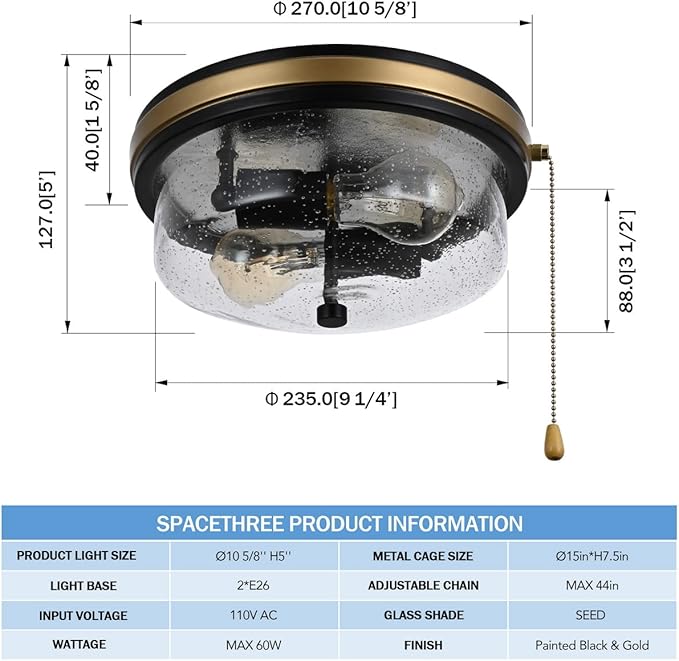Industrial Farmhouse Close to Ceiling Light Fixture with Pull Chain Matte Black 2-Light Flush Mount Ceiling Light Fixtures with Seeded Glass 11inch