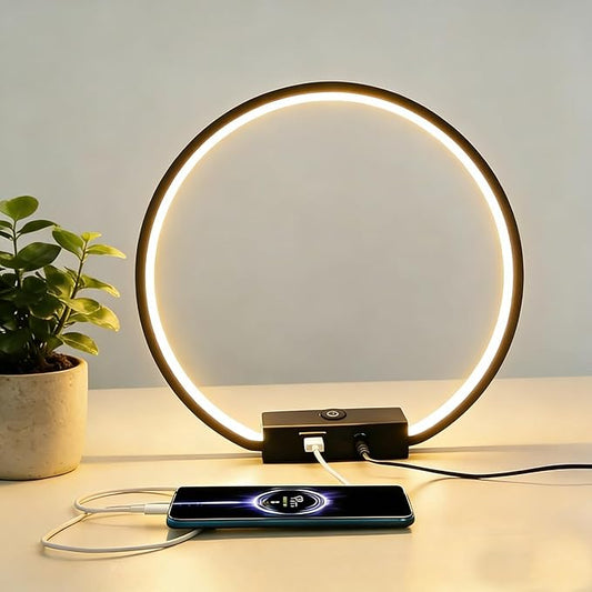 LED Circle Table Lamp Touch Control 3-Way Dimmable Bedside Nightstand Lamp with USB Port Modern Tabletop Lamps, 12W 3000K Warm Light, Desk Lamp for Bedroom Living Room, Black