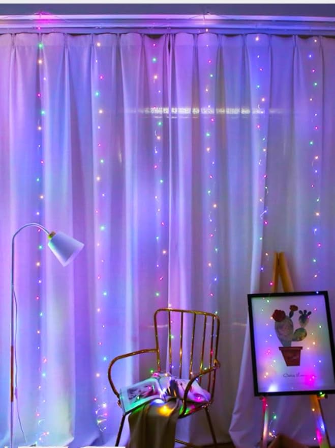 100 LED Colorful Curtain Light for Party/Wedding/Festival/Christmas,Window Blinking String Light for Bedroom/Living Room,USB Plug with 8 Modes(Battery not Included)