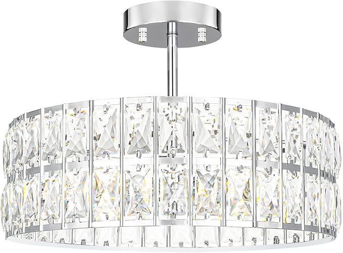 Crystal Ceiling Light Fixture, Modern Chrome Ceiling Light Chandelier, Semi Flush Mount Chandelier Lighting Fixture for Kitchen Entryway Living Room Dining Room, 5-Light, 16 Inch