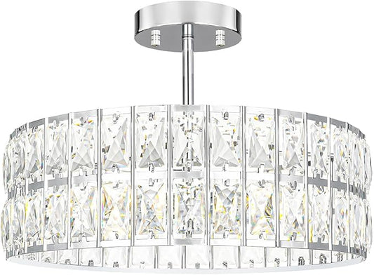 Crystal Ceiling Light Fixture, Modern Chrome Ceiling Light Chandelier, Semi Flush Mount Chandelier Lighting Fixture for Kitchen Entryway Living Room Dining Room, 5-Light, 16 Inch