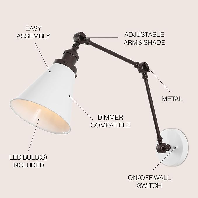 JONATHAN Y 7" White/Oil Rubbed Bronze Classic Industrial Metal Adjustable Arm LED Wall Sconce for Bedside Reading, Farmhouse Swing Arm Wall Lamp with Metal Shade, Hardwired (JYL7462C)