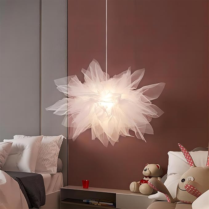 17.7 Inch Stacked Tulle Pendant Light, Modern Style Fabric Hanging Light, Pendant Lamp for DiningRoom, Living Room, Bedroom, Study, Hallway - White