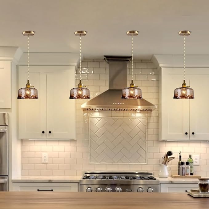 Glass Pendant Lights Kitchen Island Dimmable Mini Pendant Lighting Amber Glass Lampshade for Bedside Dining Room Foyer, Brass