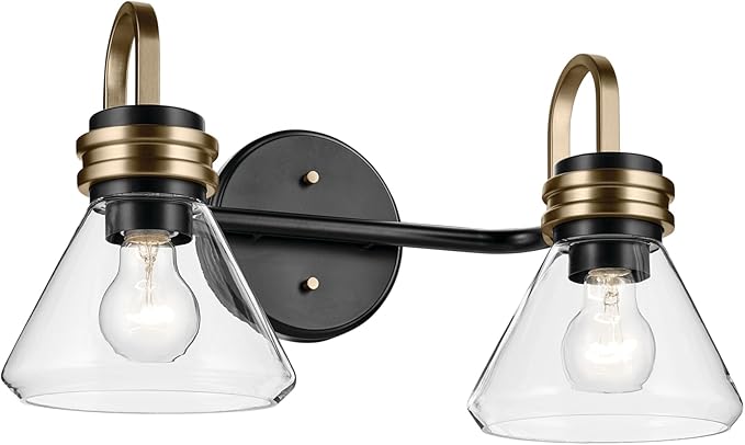 Kichler Farum 19.25" 2-Light Bathroom Vanity Light Fixture with Clear Glass in Black, Modern Wall Mount Light for Vanity Mirror Over Sink (19.25" W x 9.5" H), 55154BKCLR