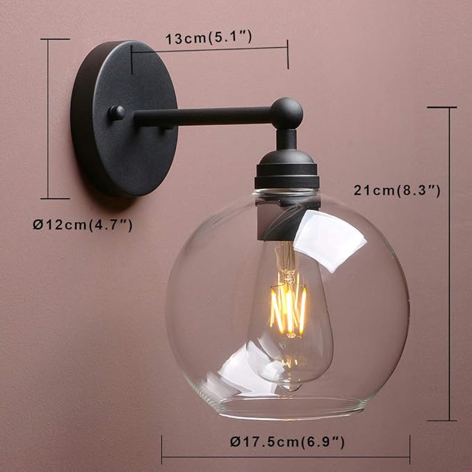 Yosoan Brass Boho Vanity Bathroom Wall Sconce, 1-Light Indoor Hardwired Wall Mounted Vintage Industrial Fixture Lights with Double Hole Round Glass Lamp for Mirror, Living Room, Hallway(Black)