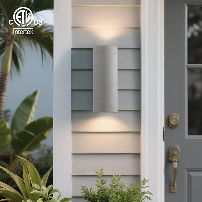 mirrea 14" Modern Outdoor Porch Light Patio Light in 2 Lights with Aluminum Cylinder and Tempered Glass Cover Waterproof Wall Sconce 2 Pack (Matte Gray)