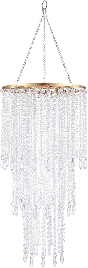 FlavorThings Modern Chrome Beaded Hanging Chandelier (W10.25 x H20”)，3 Tiers Beads Pendant Shade Gold Frame, Ceiling Chandelier Beaded Lampshade with Acrylic Jewel Droplets (H20Gold)