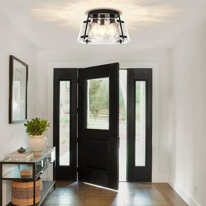 Modern Black Semi Flush Mount Ceiling Light 3-Light Hammered Glass Kitchen Lighting Fixtures Ceiling Hallway Lights Flush Mount Chandelier for Entryway Dining Room Bathroom Bedroom Foyer Lighting