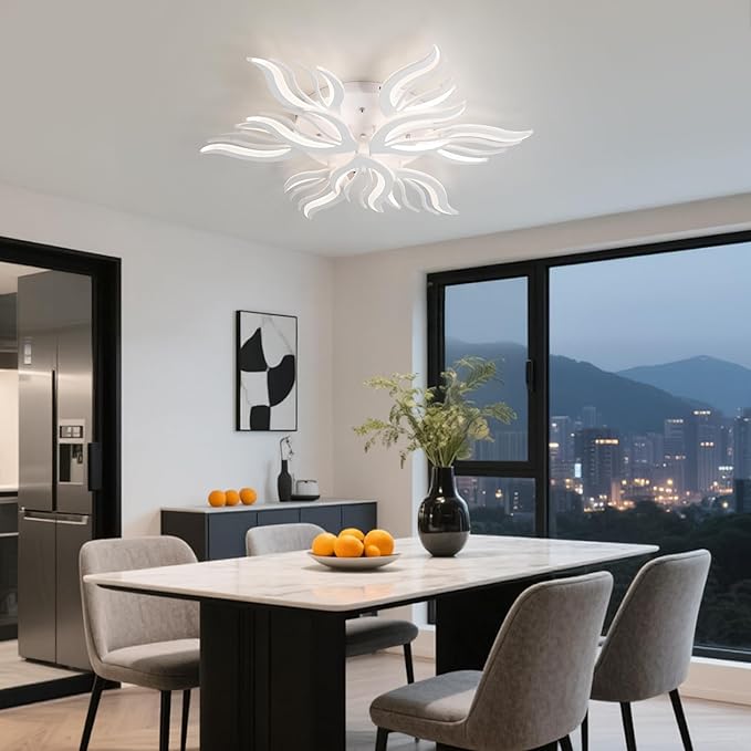 Becailyer Modren LED Ceiling Light, 75W Flower Shape Ceiling Lamp, 33.4" Dimmable Flush Mount Ceiling Lighting Fixtures, 9-Petals Close to Ceiling Light for Living Room Dining Room Bedroom, White