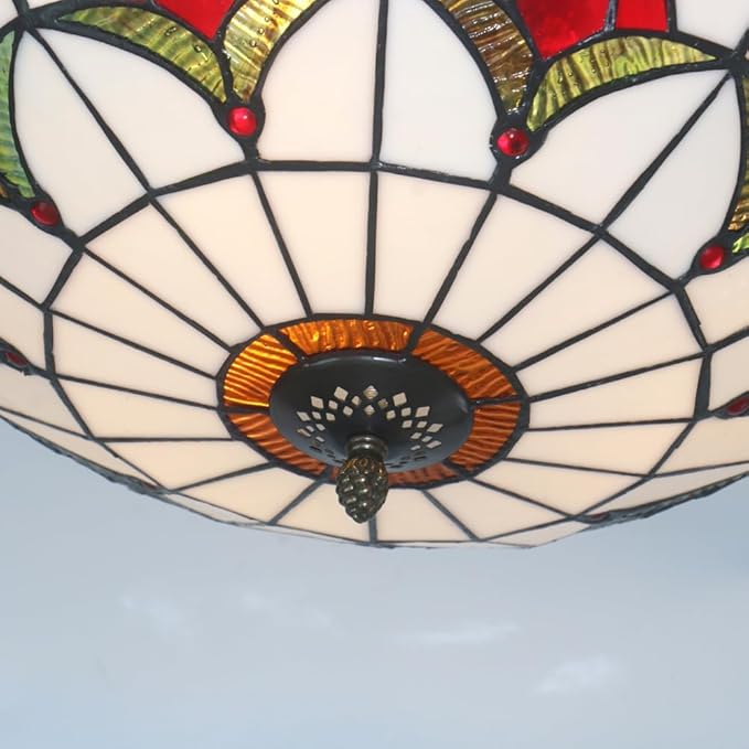 Tiffany Style Ceiling Light 16 Inch Stained Glass Flush Mount Ceiling Light for Bedroom Chandelier Vintage Pendent Light Fixtures (16 Inch White Red)