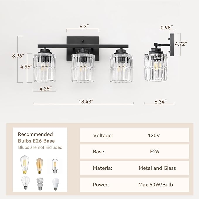 TALOYA 19 Inch Bathroom Light Fixtures,Modern 3-Light Brushed Black Vanity Lights with Wide Vertical Ribbed Thickened Glass Shade Wall Sconces for Mirror Makeup Room Hallway（Bulbs Not Included）